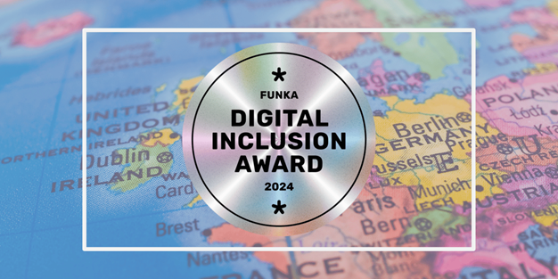 En karta över europa med ett sigill med texten Funka Digital Inclusion Awards på.